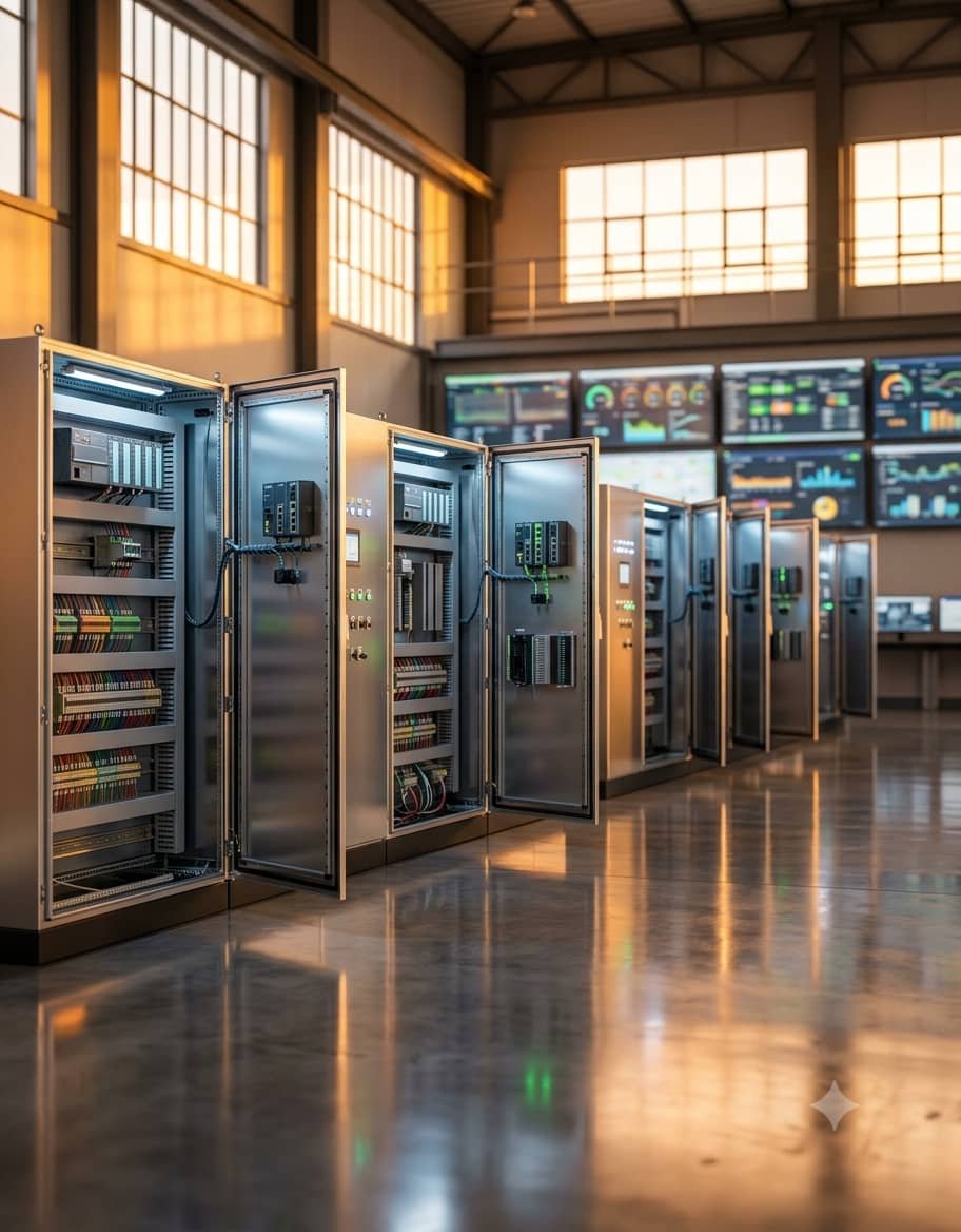 Open electrical control panels and PLC wiring enclosures in a modern industrial automation in uae facility