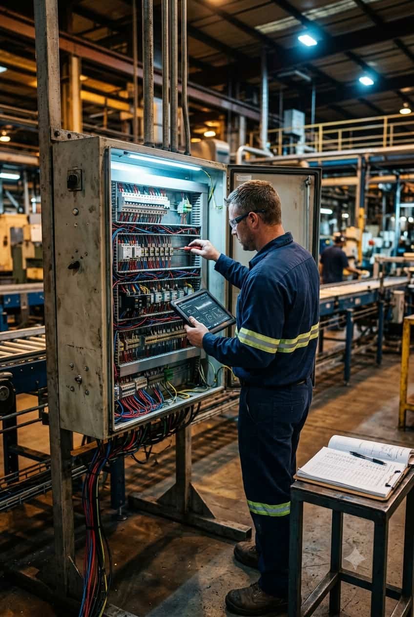 Technician inspecting an open electrical control panel with a digital tablet for compliance and OT cybersecurity safeguards by industrial automation manufacturers.