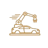 Gold line art icon showing a robotic arm assembling a car body on a conveyor belt for automotive industrial automation.