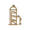 Gold line art icon depicting a refinery distillation column with a flare pipe for oil, gas, and petrochemicals industrial automation.
