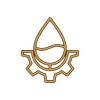 Gold line art icon combining a water drop and industrial gear representing water & wastewater treatment solutions by industrial automation manufacturers.