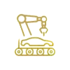 Gold line art icon showing a robotic arm assembling a car body on a conveyor belt for automotive industrial automation.