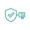 Shield icon with a checkmark and certificate badge representing compliance standards for industrial automation.