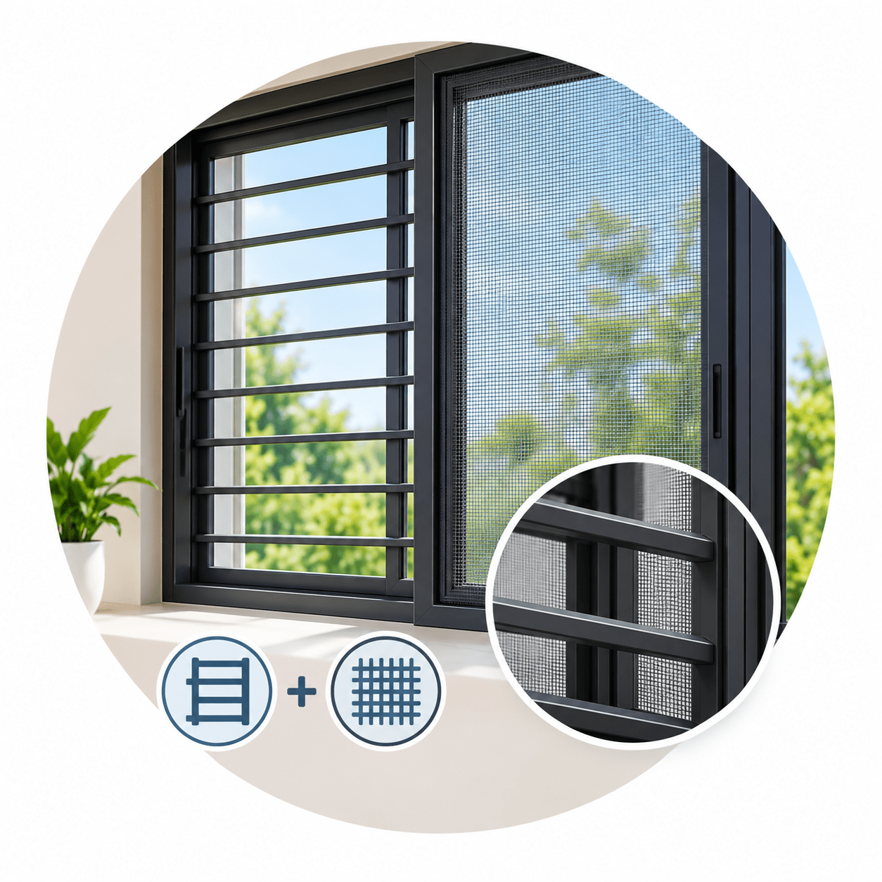 upvc windows with grill and mesh 